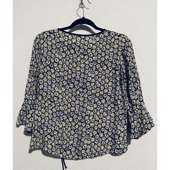 Zara Top Womens Medium Floral Daisy Print Faux Wrap Bell Sleeve Side Tie Boho - Picture 5 of 8